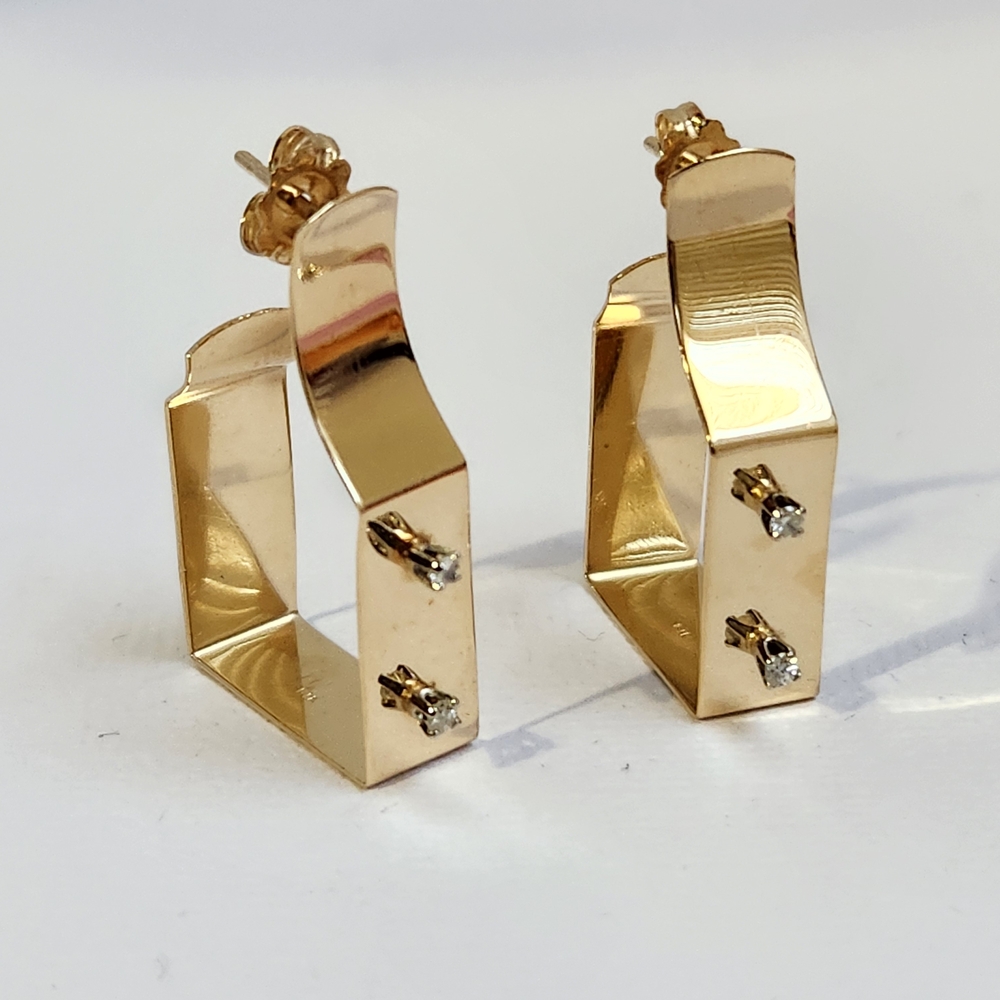 Very VTG Italian 80s 14K Gold Modernist Geometric Hoop & Diamond Earrings 3.30g - Picture 6 of 16